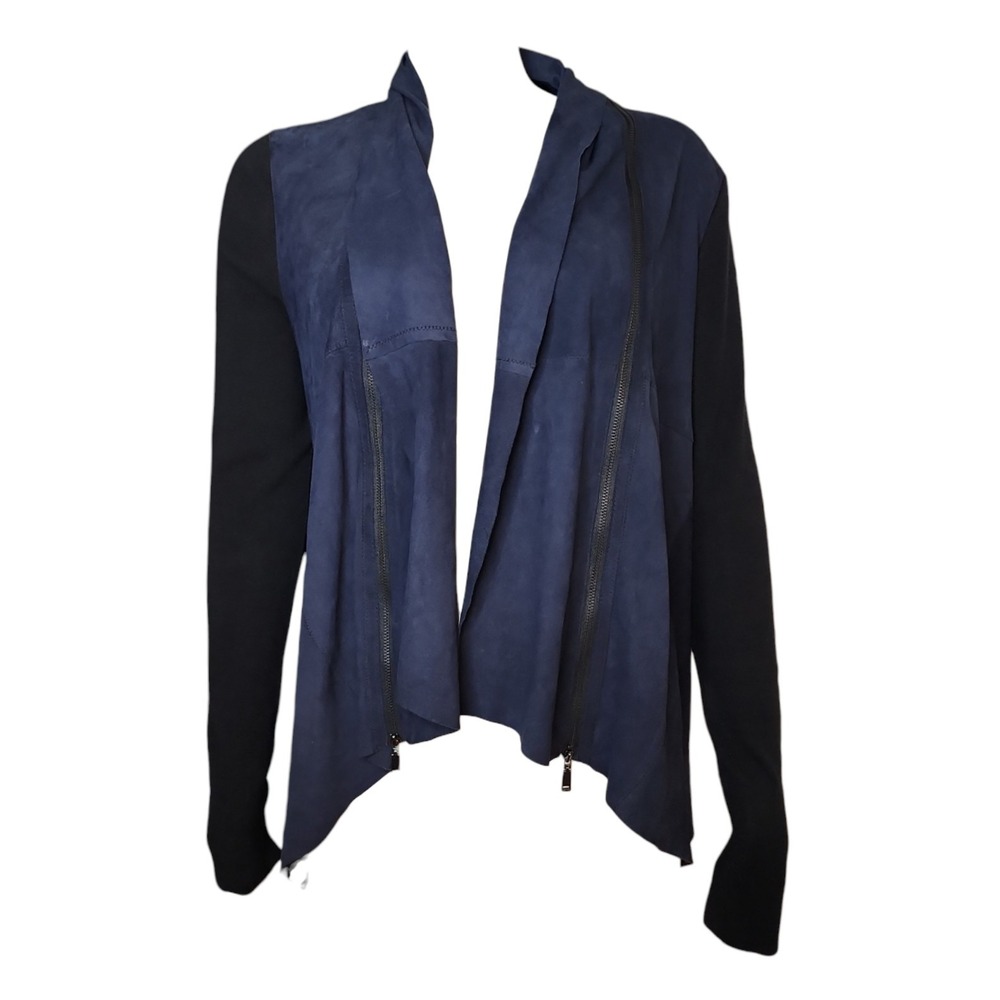 Elie Tahari Cardigan Womens Size M Medium Blue Black Goat Suede Zipper Detail